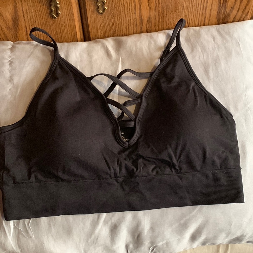 Black bralette with cross front detail.